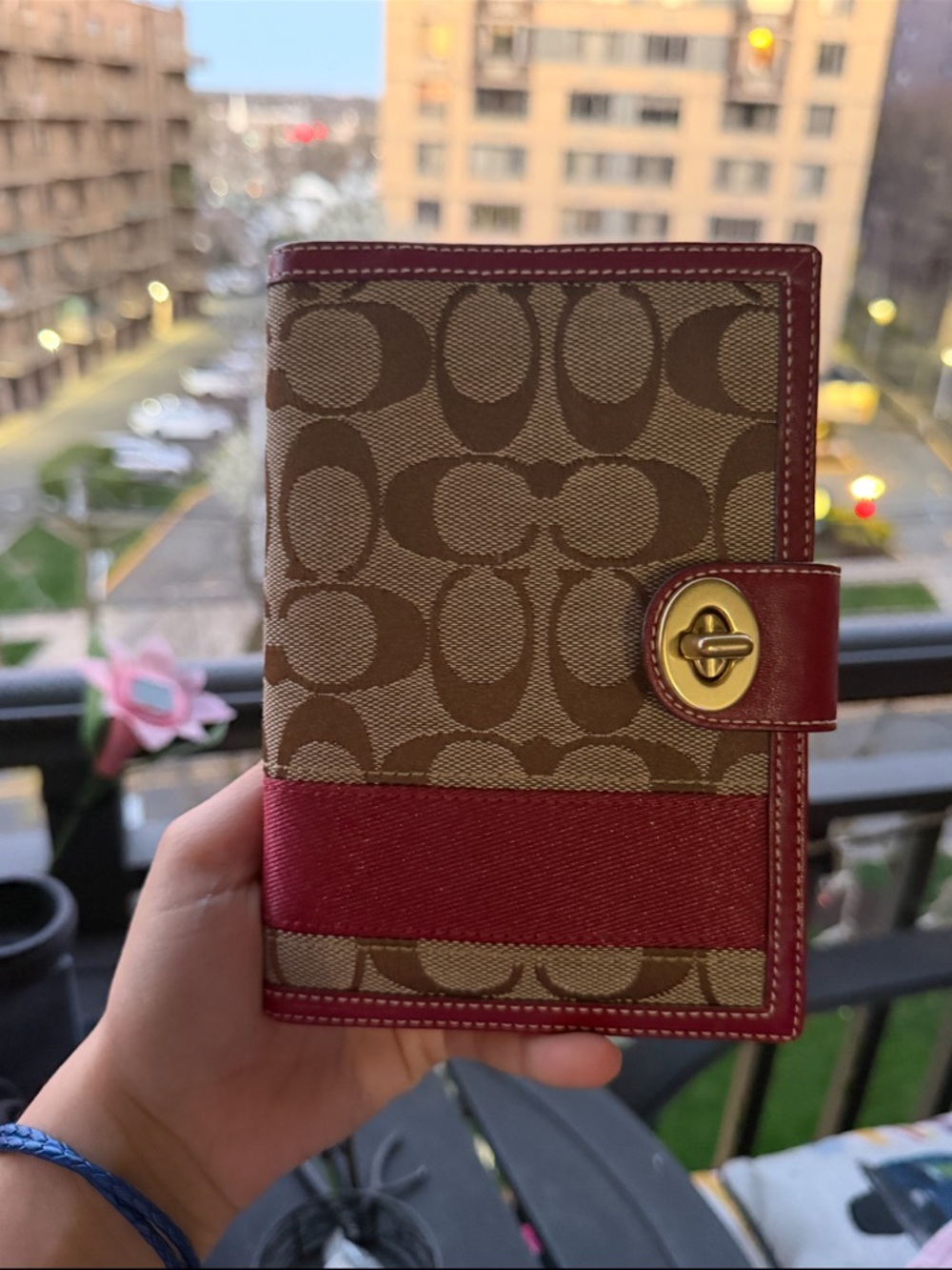 Coach Brown Signature Canvas with Red Trim Turnlock Wallet